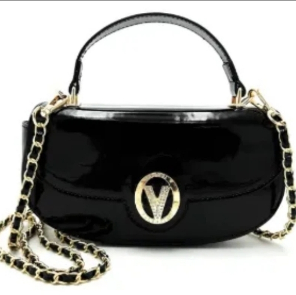 Valentino Orlandi Handbags - NWT Valentino Orlandi Black Patent Leather Mini Handbag Gold Chain Strap V Logo